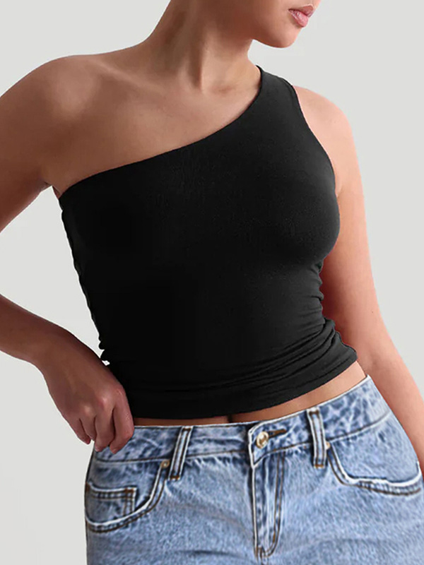Solid Color Skinny Sleeveless One-Shoulder Vest Top