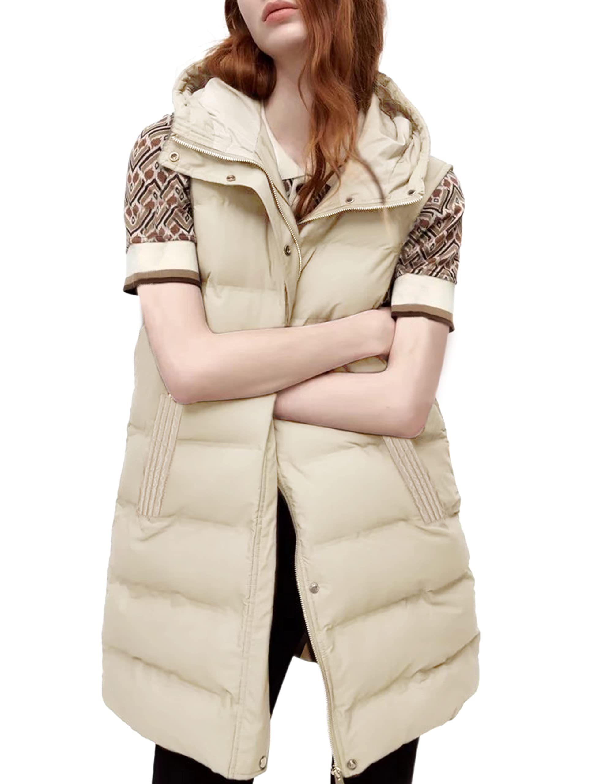 Women's Long Puffer Vest Casual Sleeveless Puffer Jacket with Removable Hood Sets