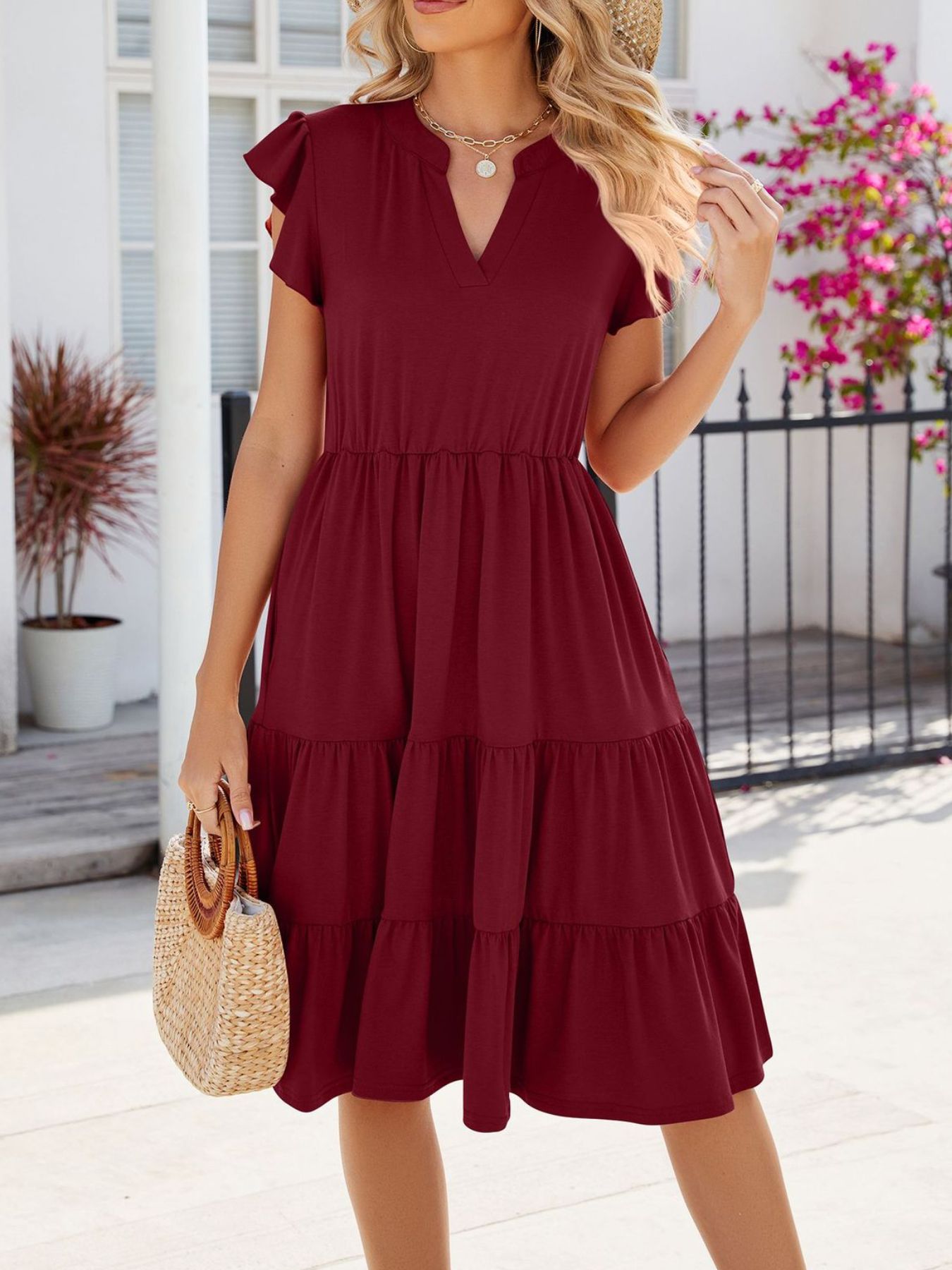 Ruffled Notched Tiered Midi Dress