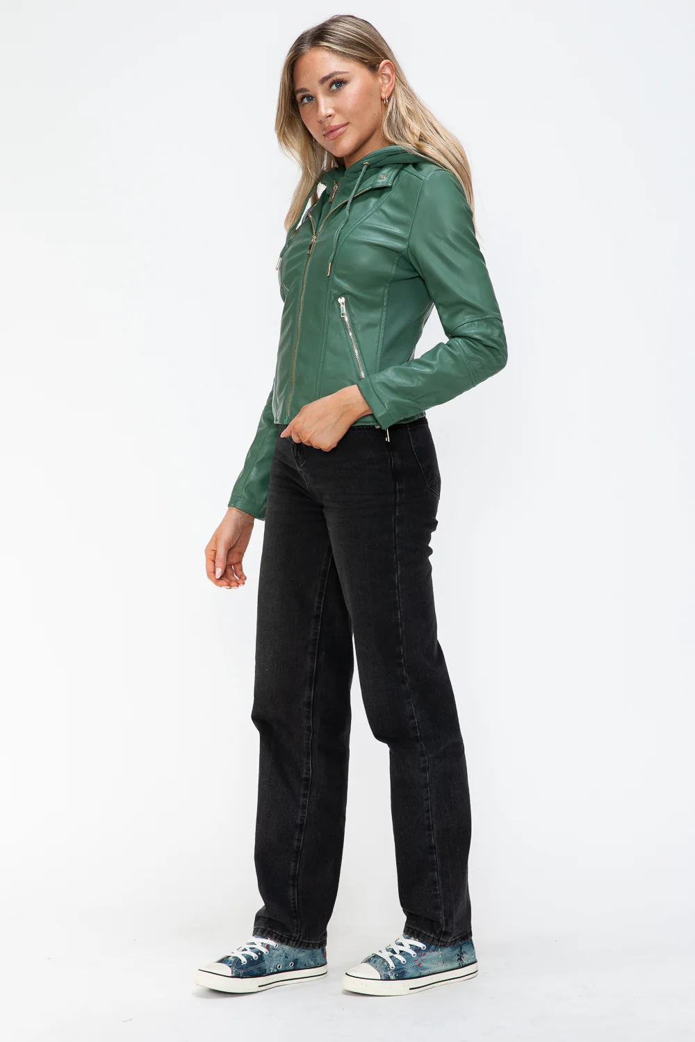 Faux Leather Zip Up Drawstring Hooded Jacket