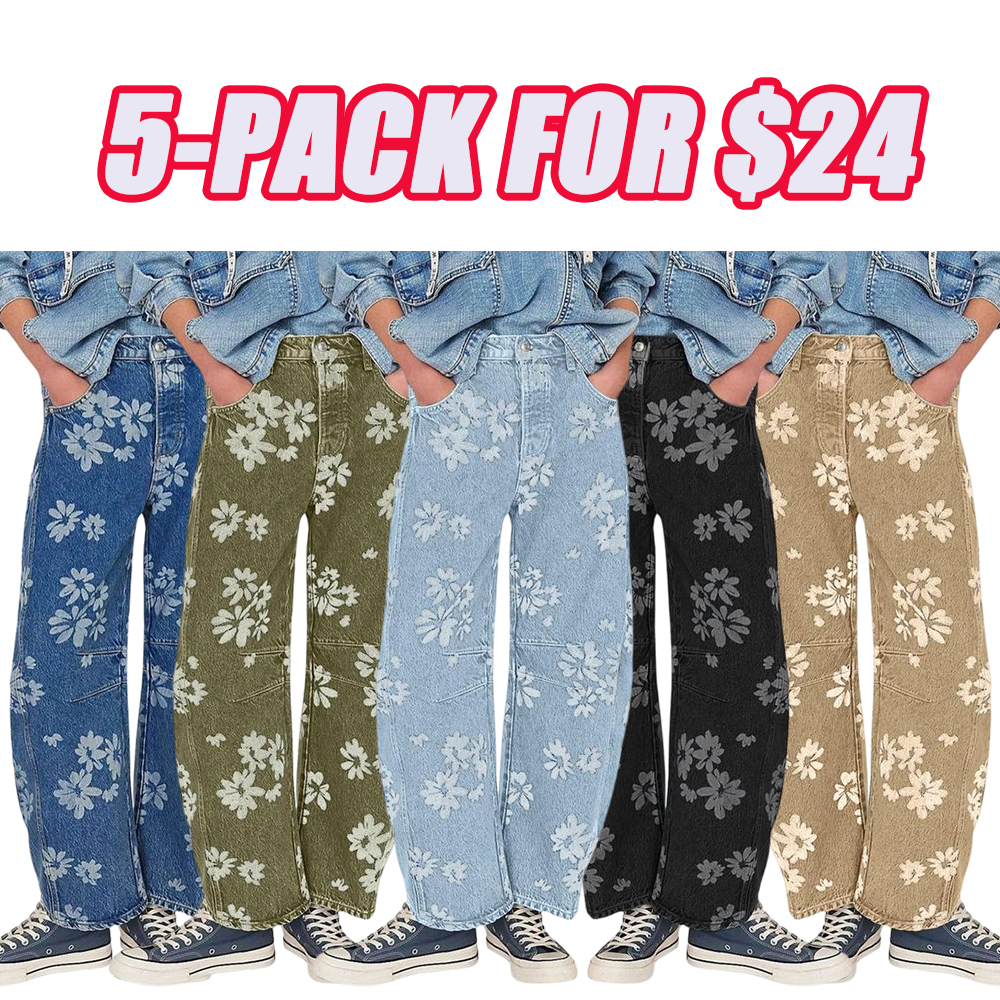 Women's Simple Floral Jeans Y2K Loose Wide-Leg Jeans Boyfriend Style Printed Stitching Jeans
