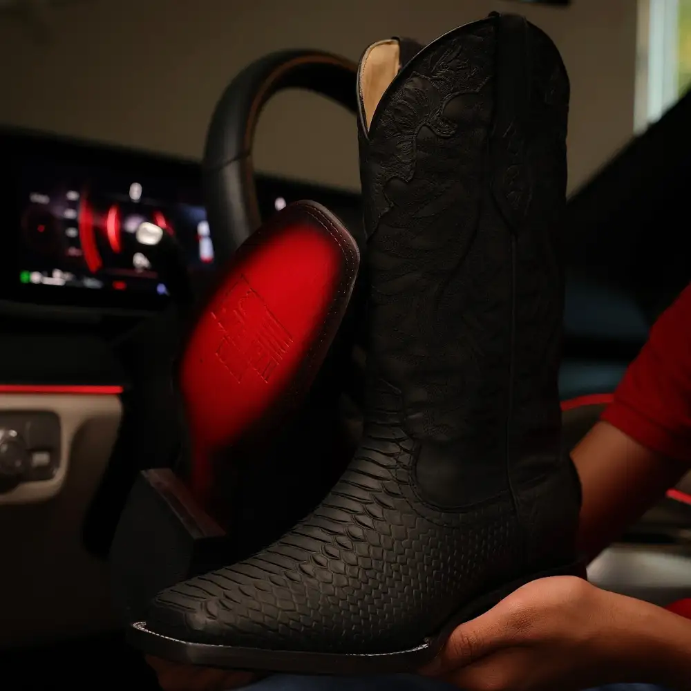 Matte Black Python Leather Boots - Square Toe