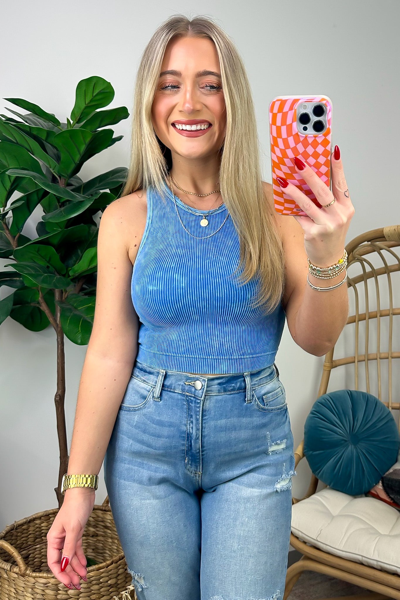 Washed Ribbed High Neck Cropped Tank Top