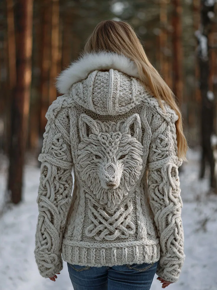 Women's Viking Wolf Celtic Knot Art Cozy Fur Collar Knit Hooded Sweater Jacket