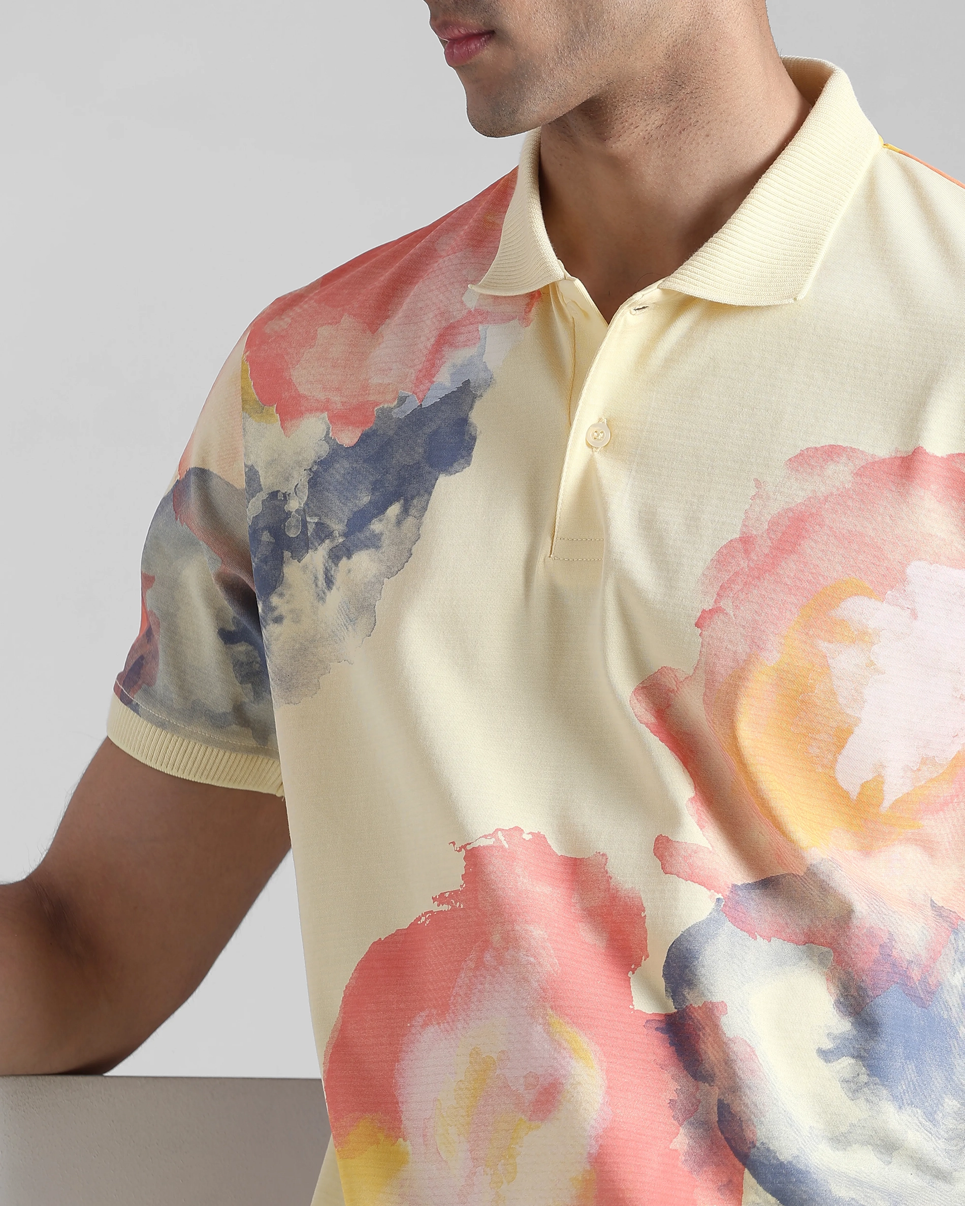 Daily Simple Light Yellow Floral Print Polo Shirt