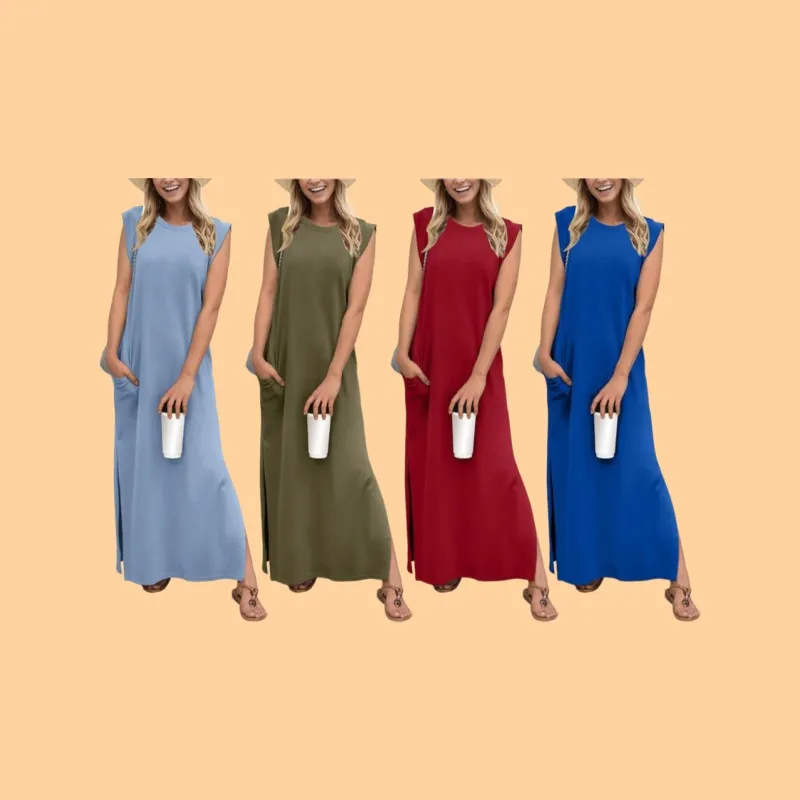 Women Loose Split Wrinkle-Free Long Dress with Pockets