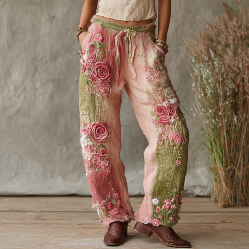 Love & Health Collection Retro Western Women Style Vintage Rose And Floral Patchwork Art Linen Pants