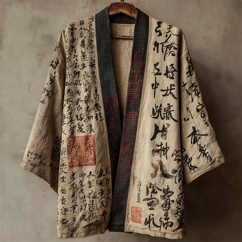 Japanese Calligraphy Art Vintage Linen Kimono
