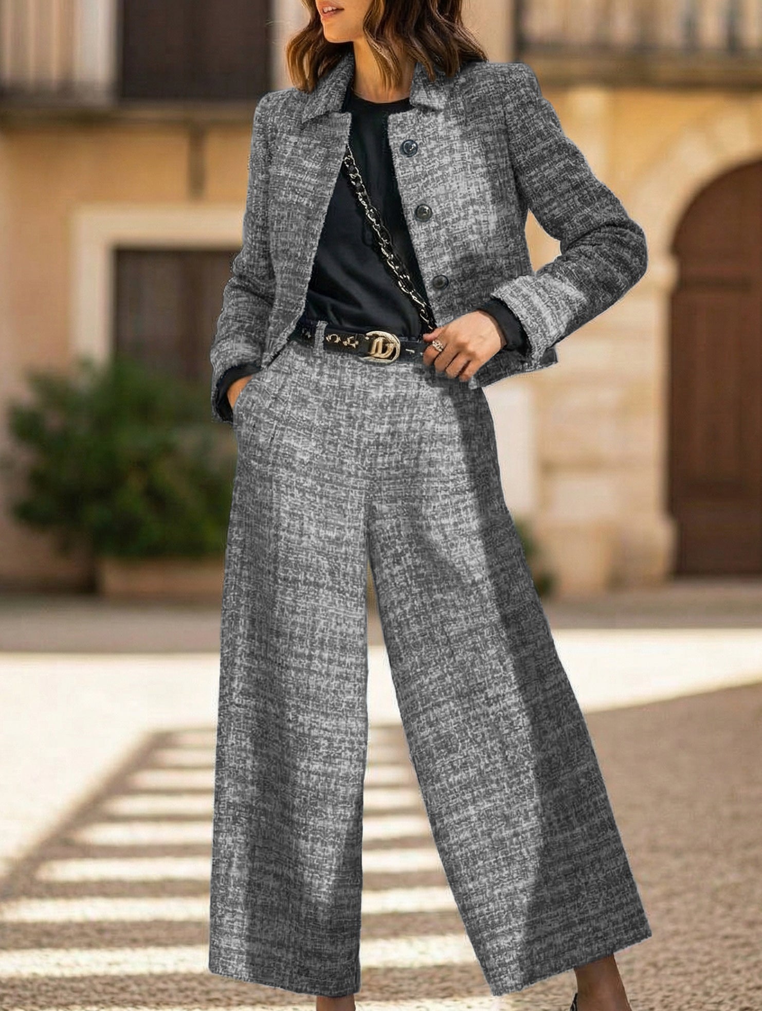 Women's Lapel Slim Fit Short Jacket and Pants Set_CWSS01458