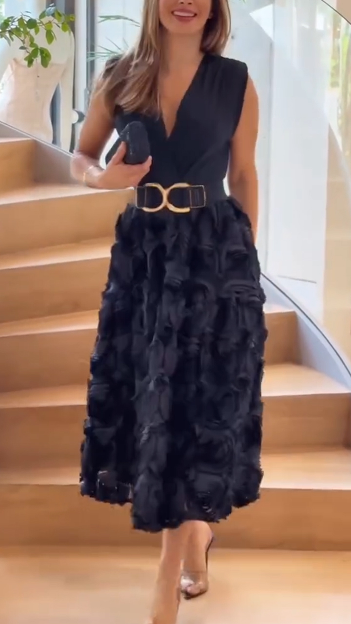 Women Patchwork Three-dimensional Rose Pattern Elegant Temperament Dress