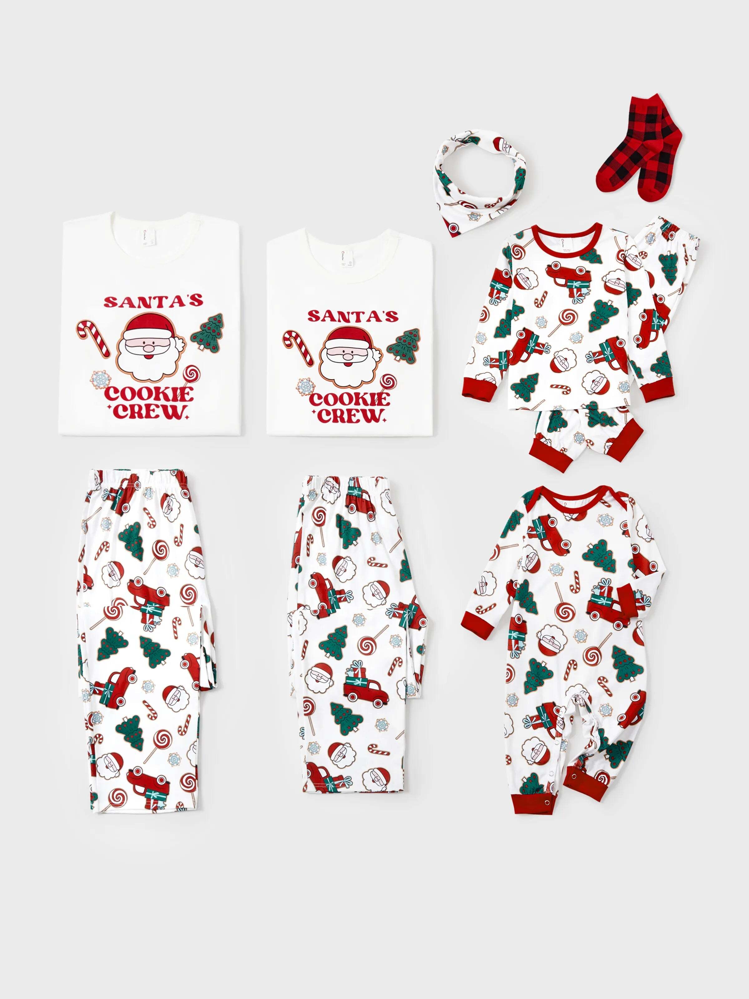 Christmas Matching Family Pajamas Set Santa Claus and Christmas Tree Print White PJS with Christmas Socks White