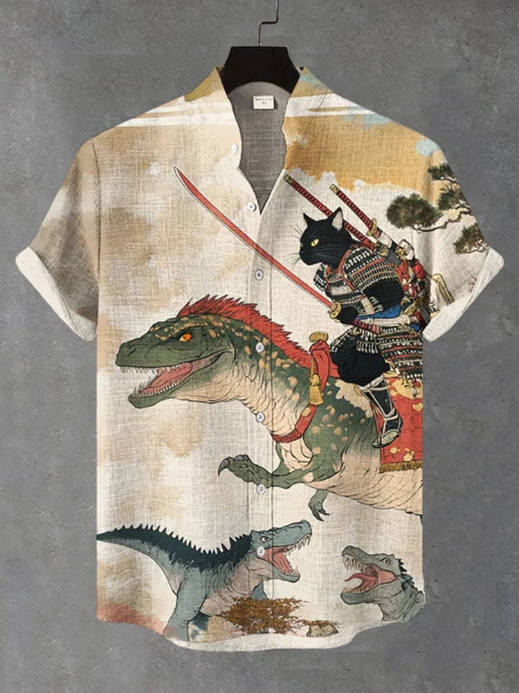 Men's Warrior Cats Fight Dinosaurs Art Print Casual Shirt