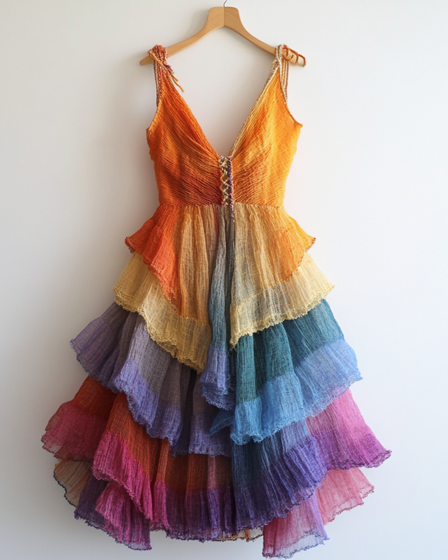 Rainbow Tie-Dye Ruffle Sleeveless Dress  f90f