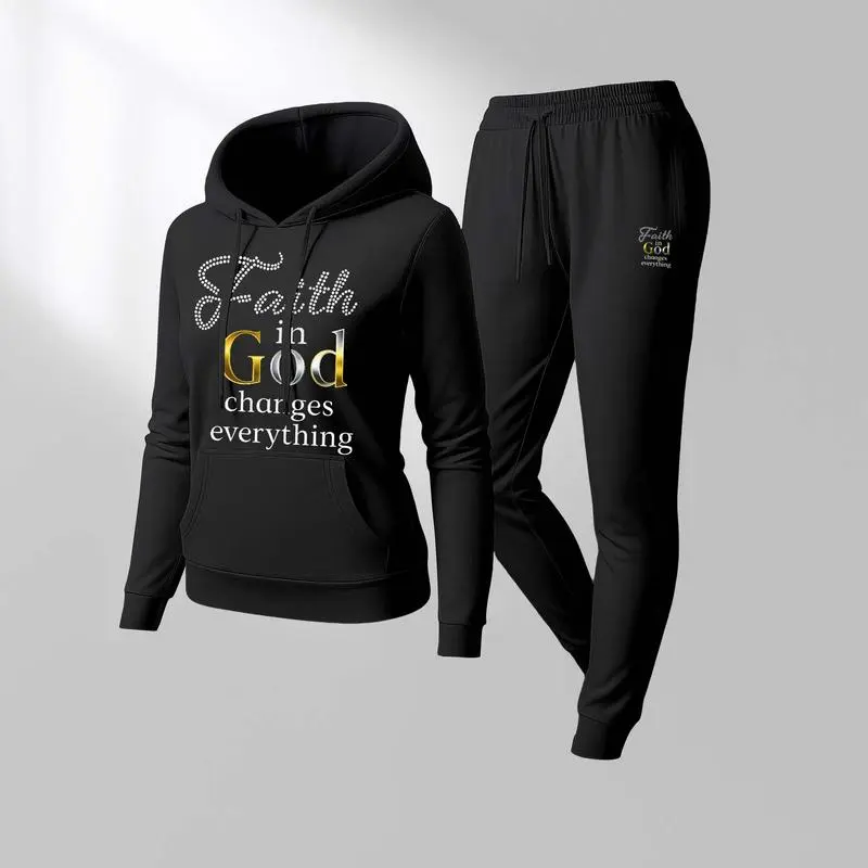 Women'S God Letter Print Hoodie And Drawstring Track Pants Set