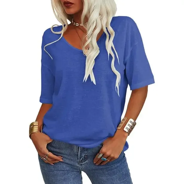 Women’s Soft V-Neck Half Sleeve T-Shirt – Lightweight Loose Fit Casual Everyday Top