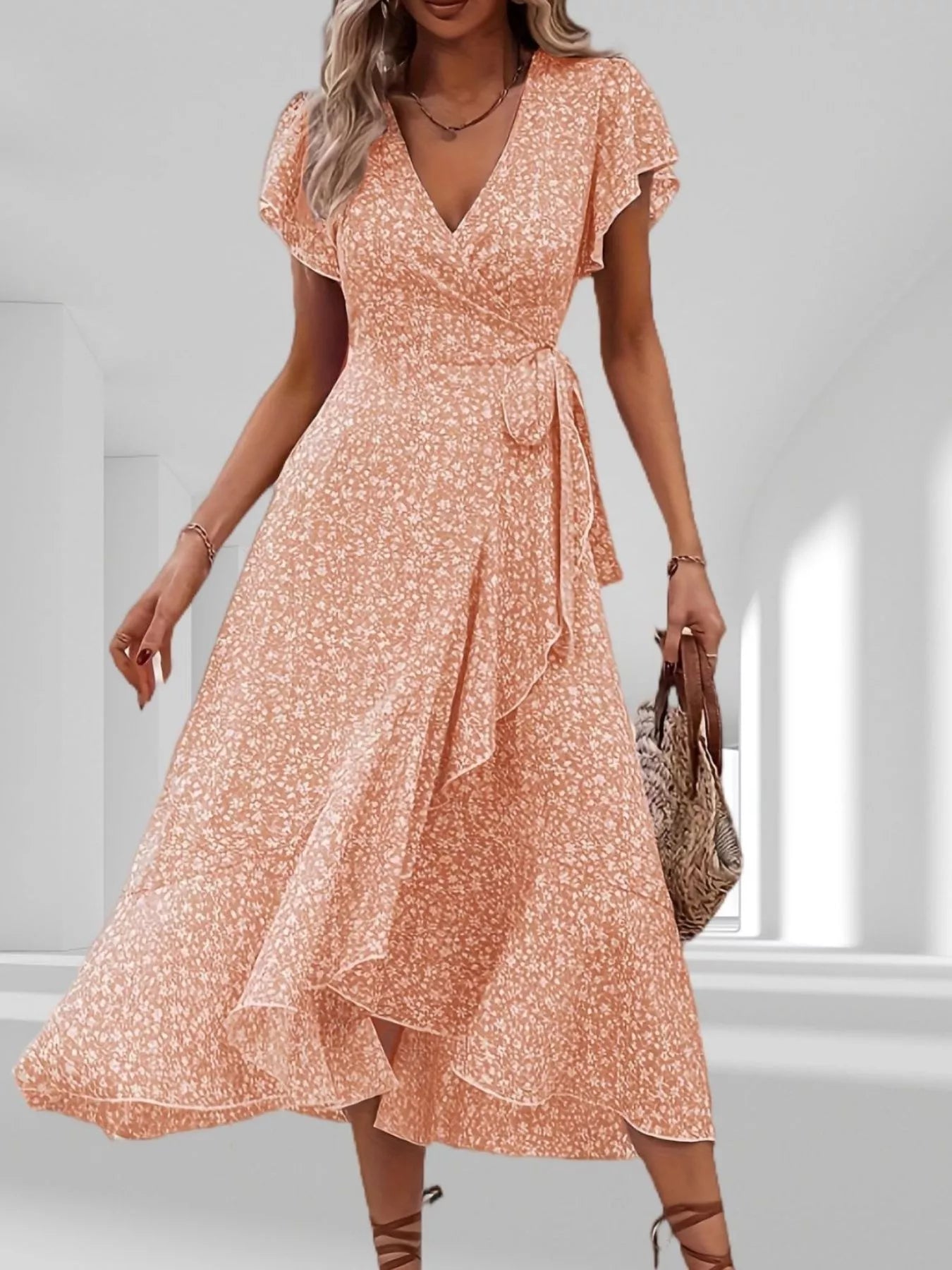Floral Print Ruffle Hem Wrap Midi Dress