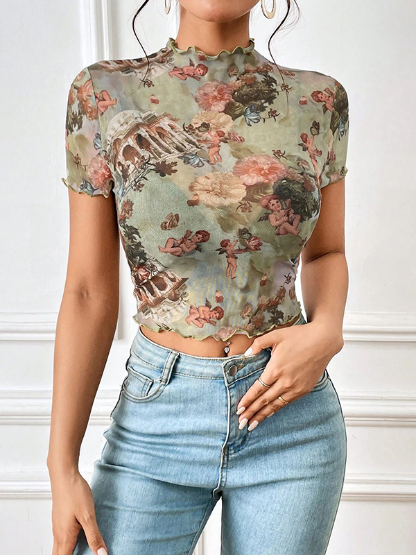 Figure Flower Print Ruffle Trim See-Through Short Sleeves Skinny Mock Neck T-Shirts Tops
