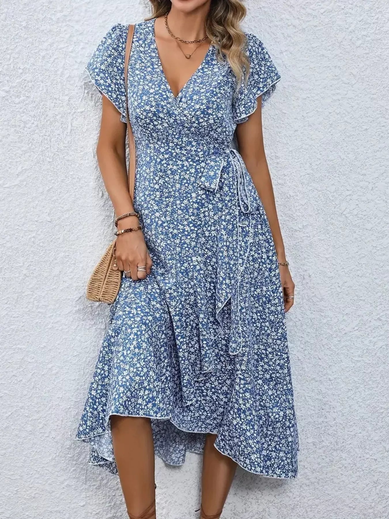 Floral Print Ruffle Hem Wrap Midi Dress