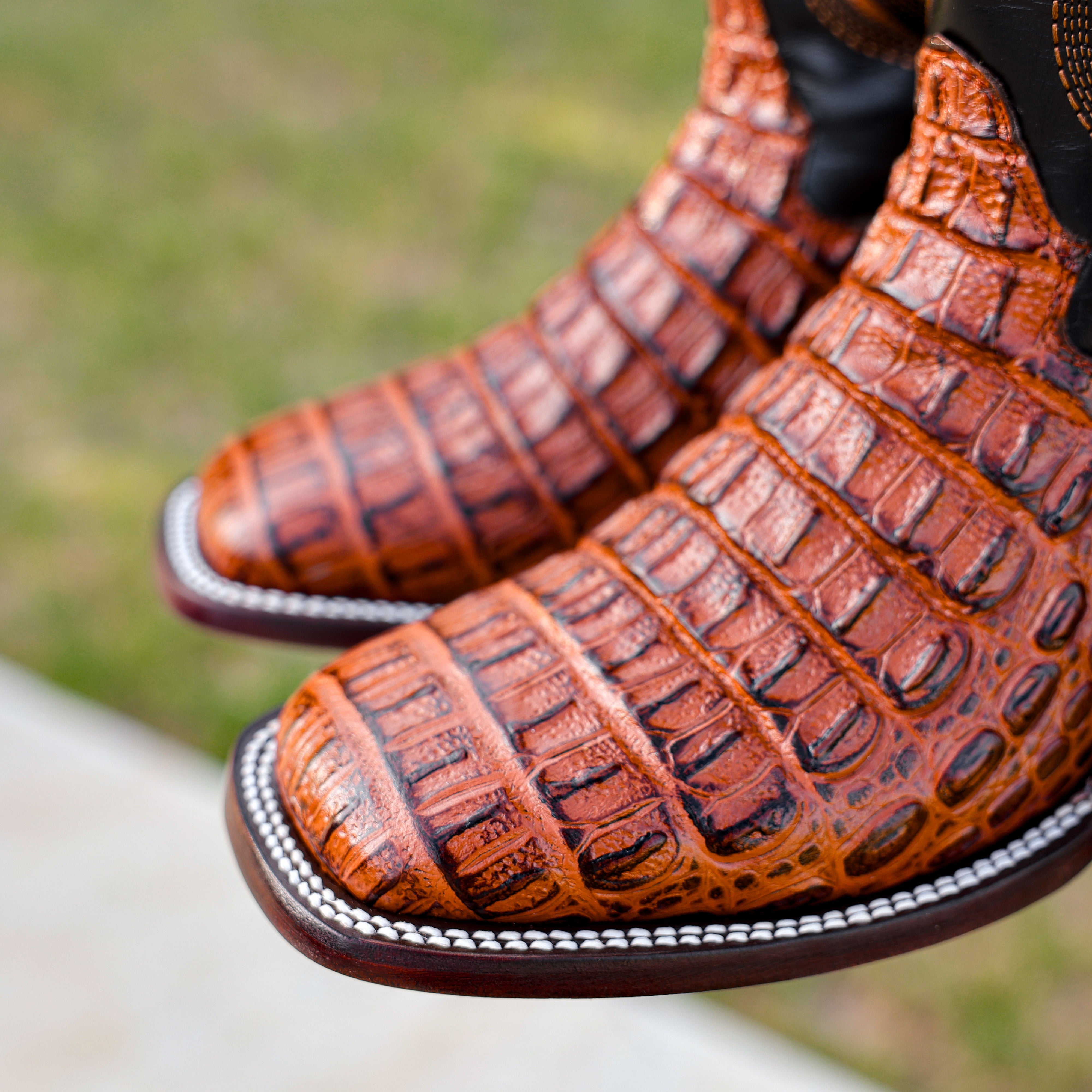 Cognac Caiman Hornback Leather Boots - Square Toe