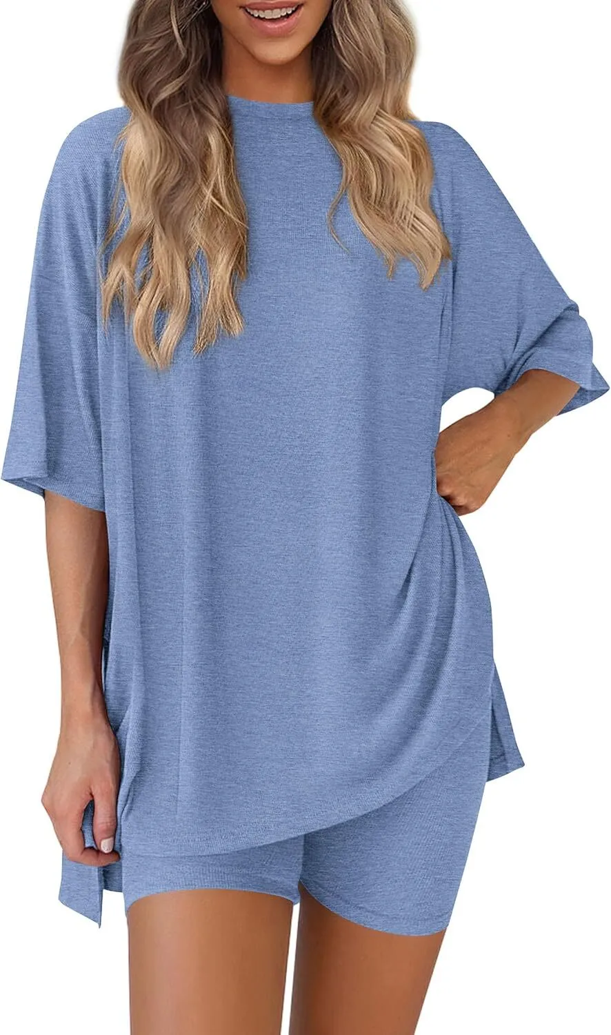 🔥Special Sale❤️Women's Two Piece Lounge Set 2026 Summer Casual Oversized Shirts  Biker Shorts Matching Airport Travel Outfit