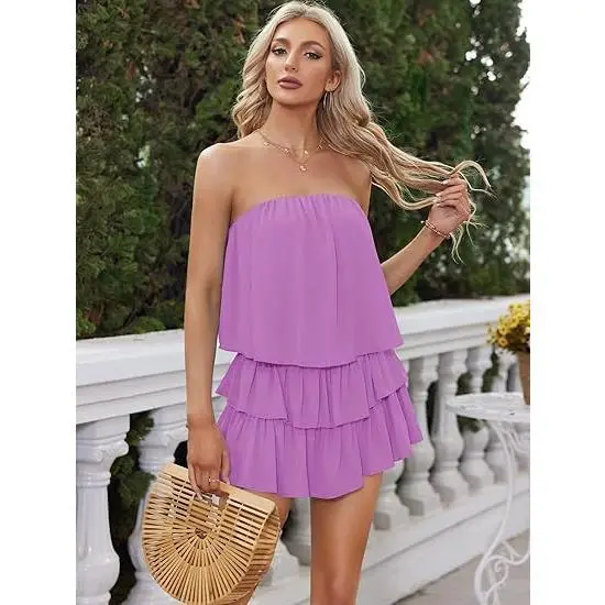 Women Off The Shoulder Romper Flowy Strapless Smocked Jumpsuit Playsuits Dress