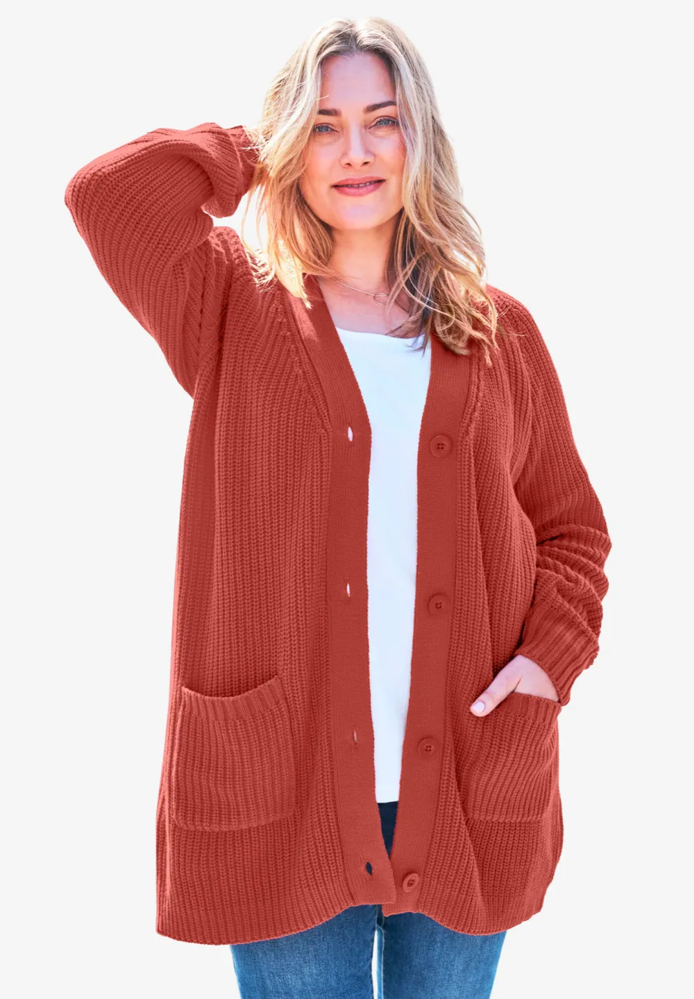 Button-Front Shaker Cardigan