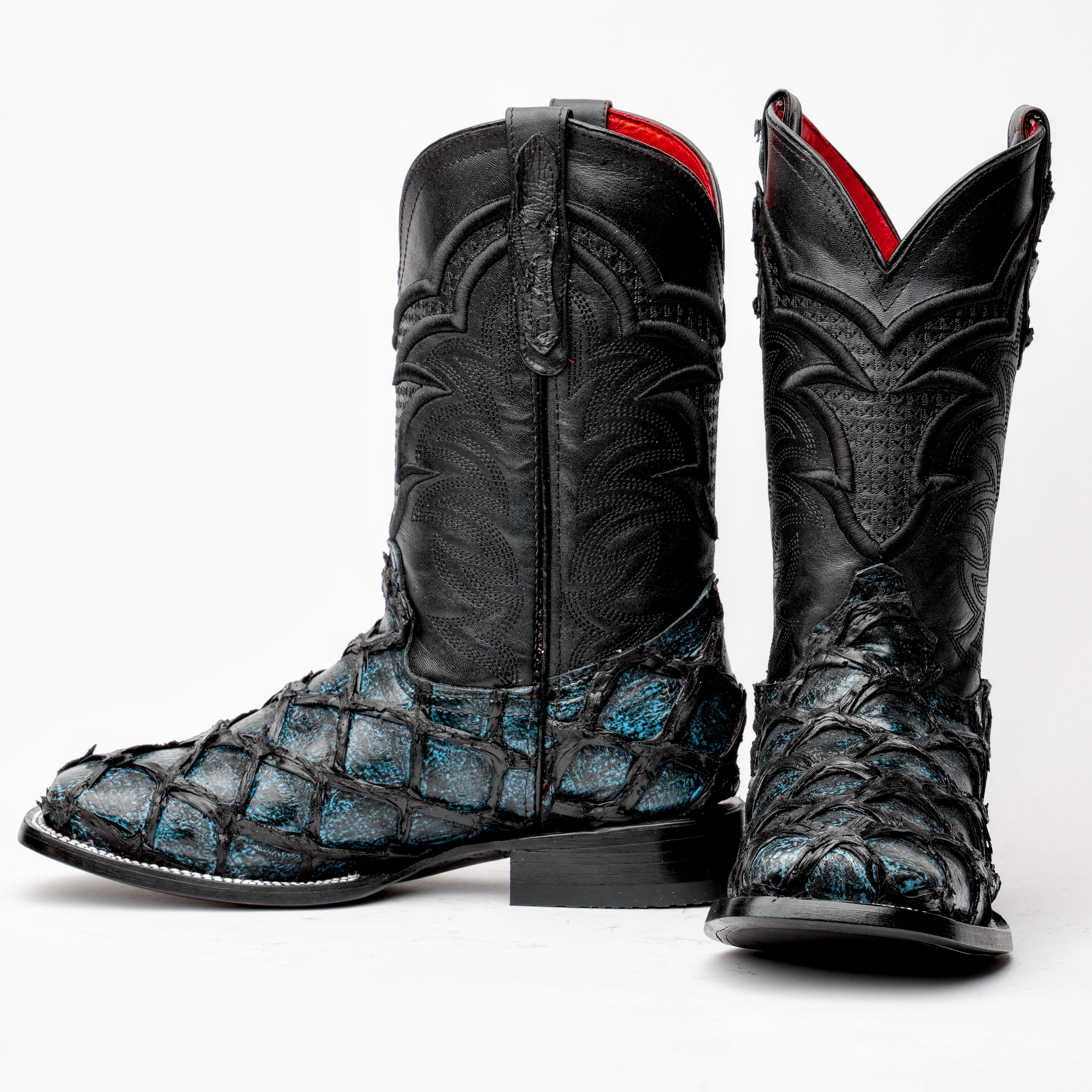Midnight Blue Jumbo Pirarucu Leather Boots - Square Toe