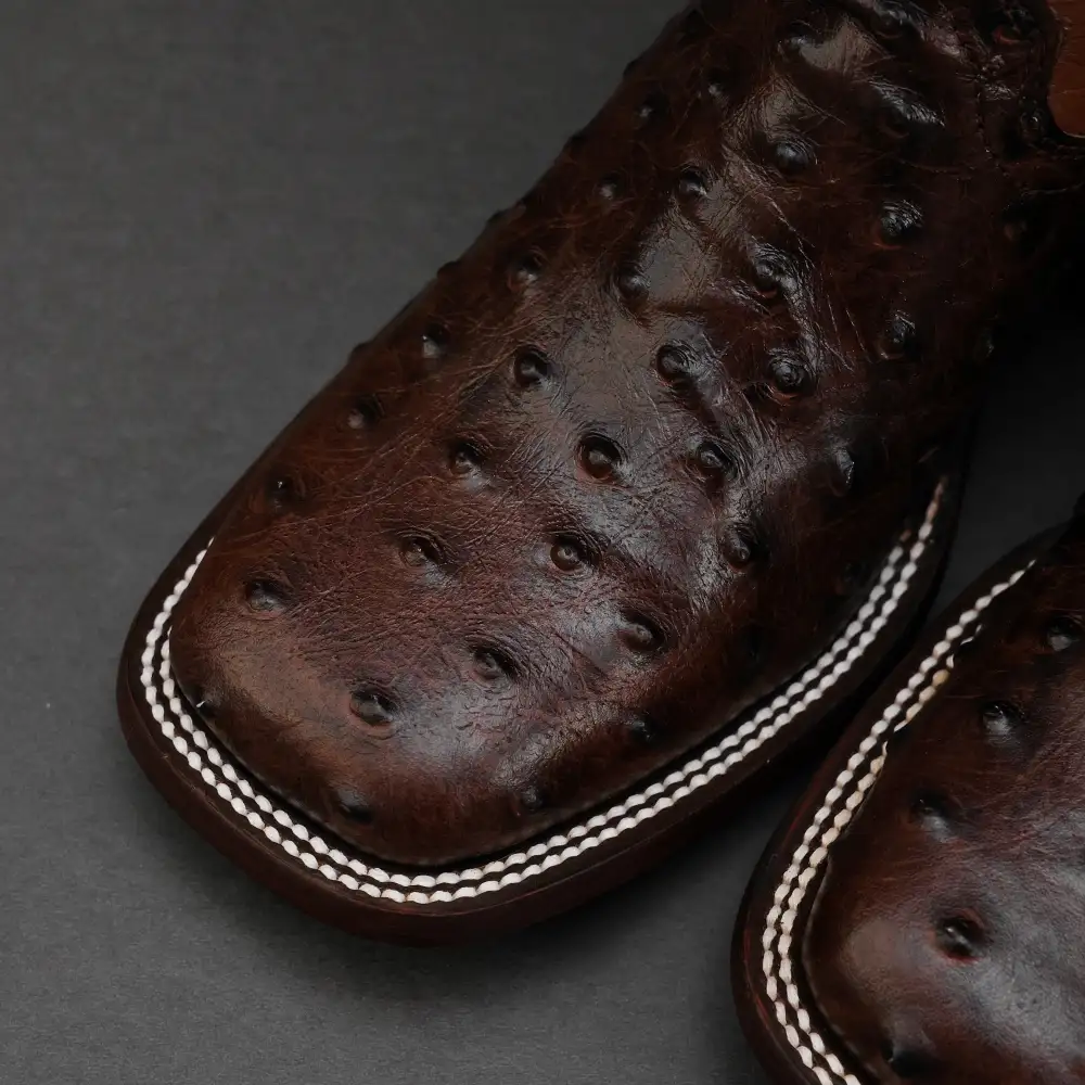 Chocolate Brown Ostrich Leather Boots - Square Toe