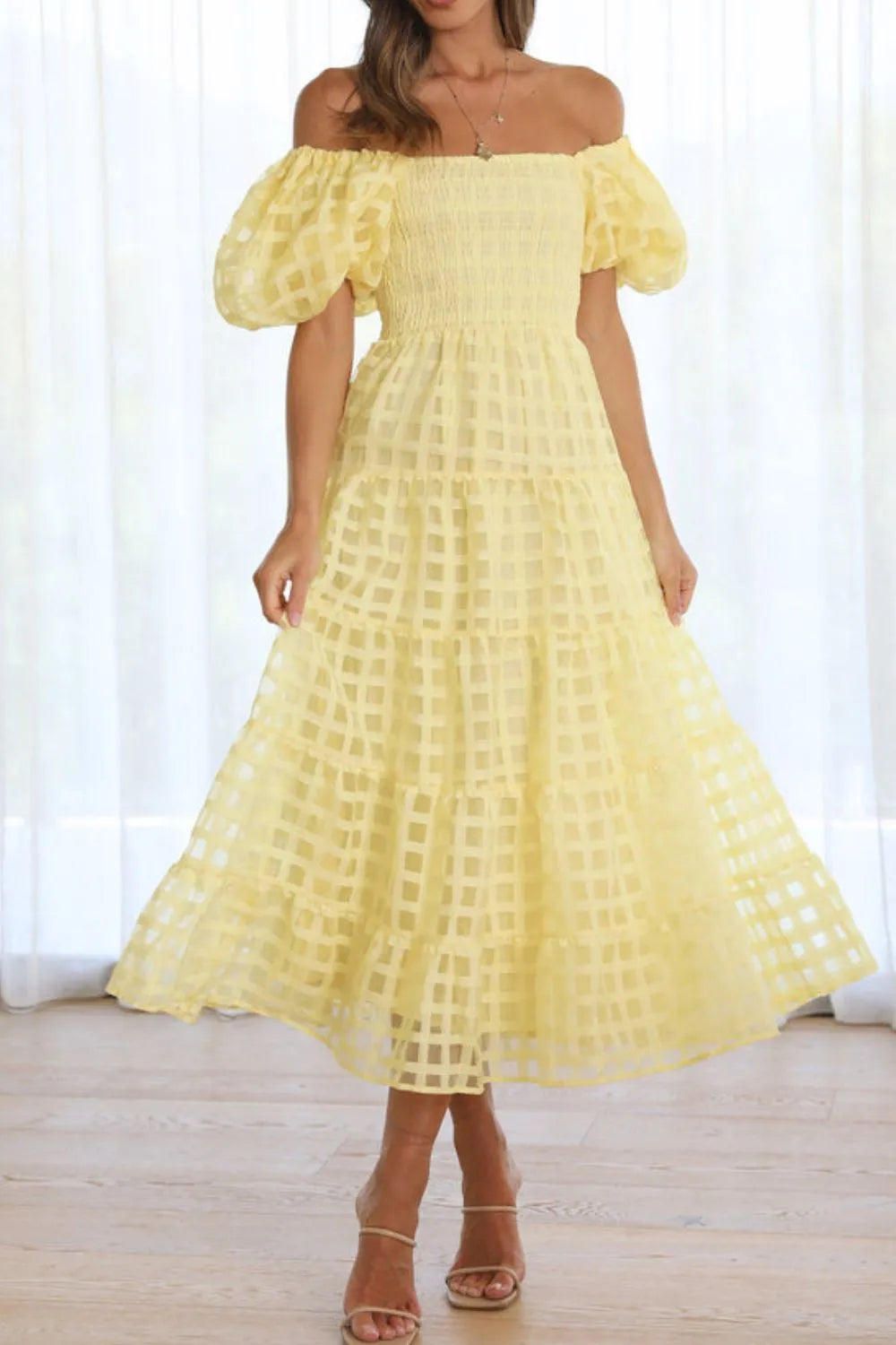 Off Shoulder Short Puff Sleeve Midi Dress