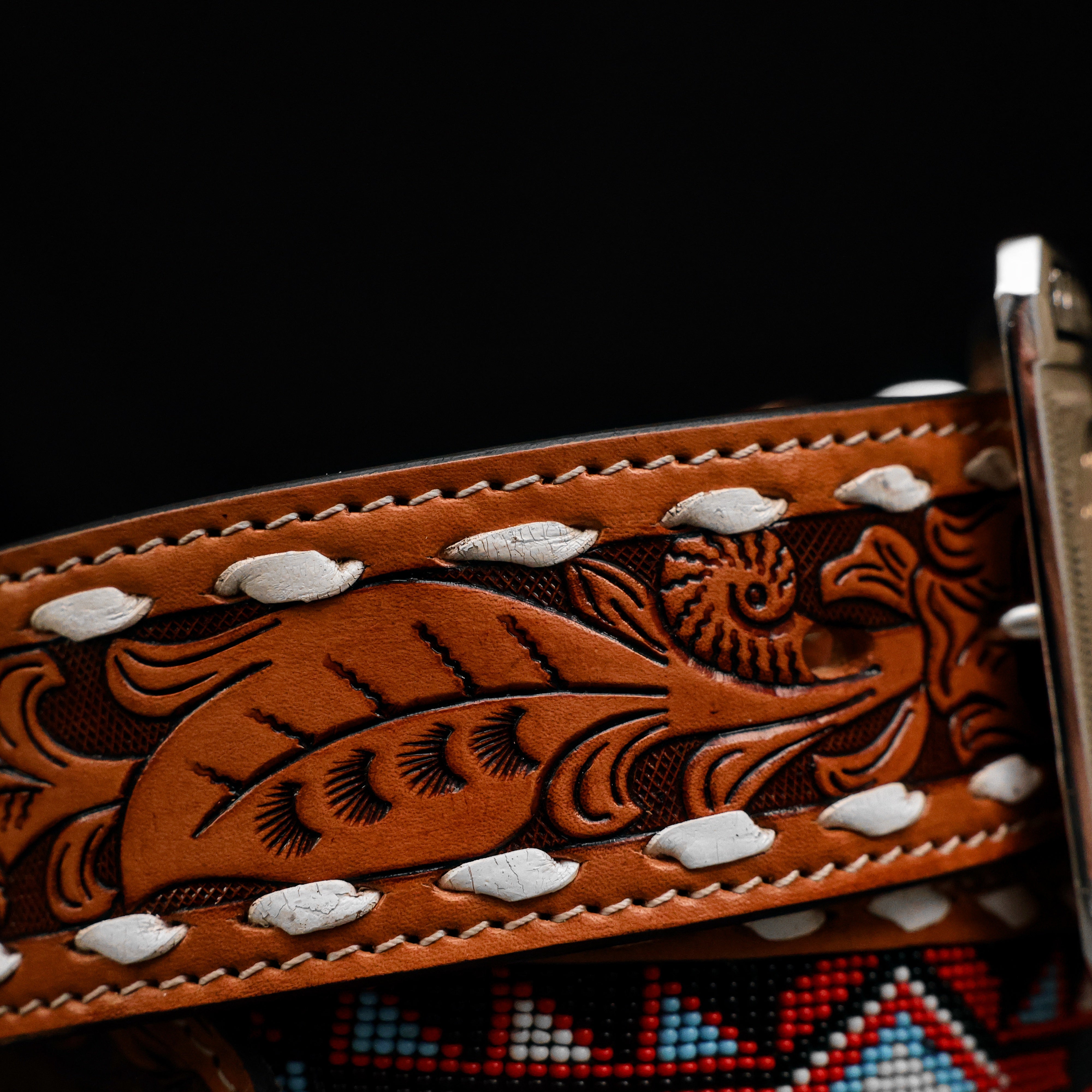 2 Inch Hand-Tooled Artesanal Beaded Leather Belt