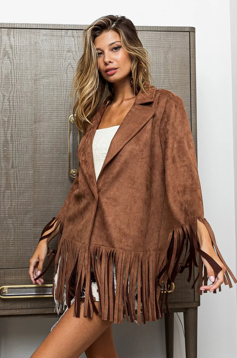 Suede Single Blazer with Fringed Hem