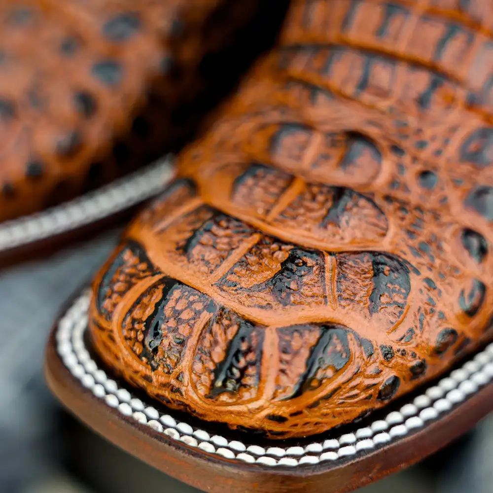 Cognac Caiman Neck Leather Boots - Square Toe