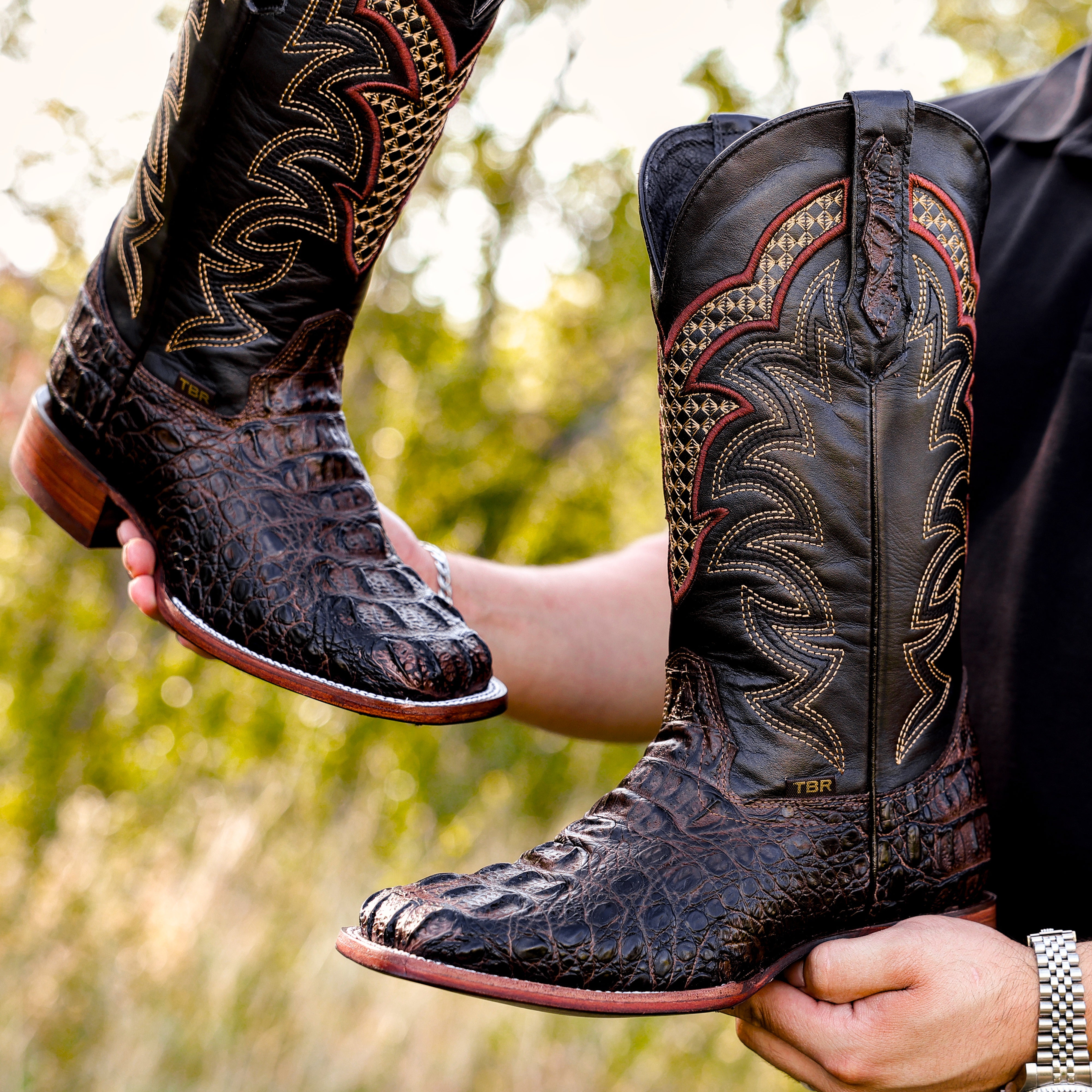 Chocolate Brown Caiman Neck Leather Boots - Square Toe