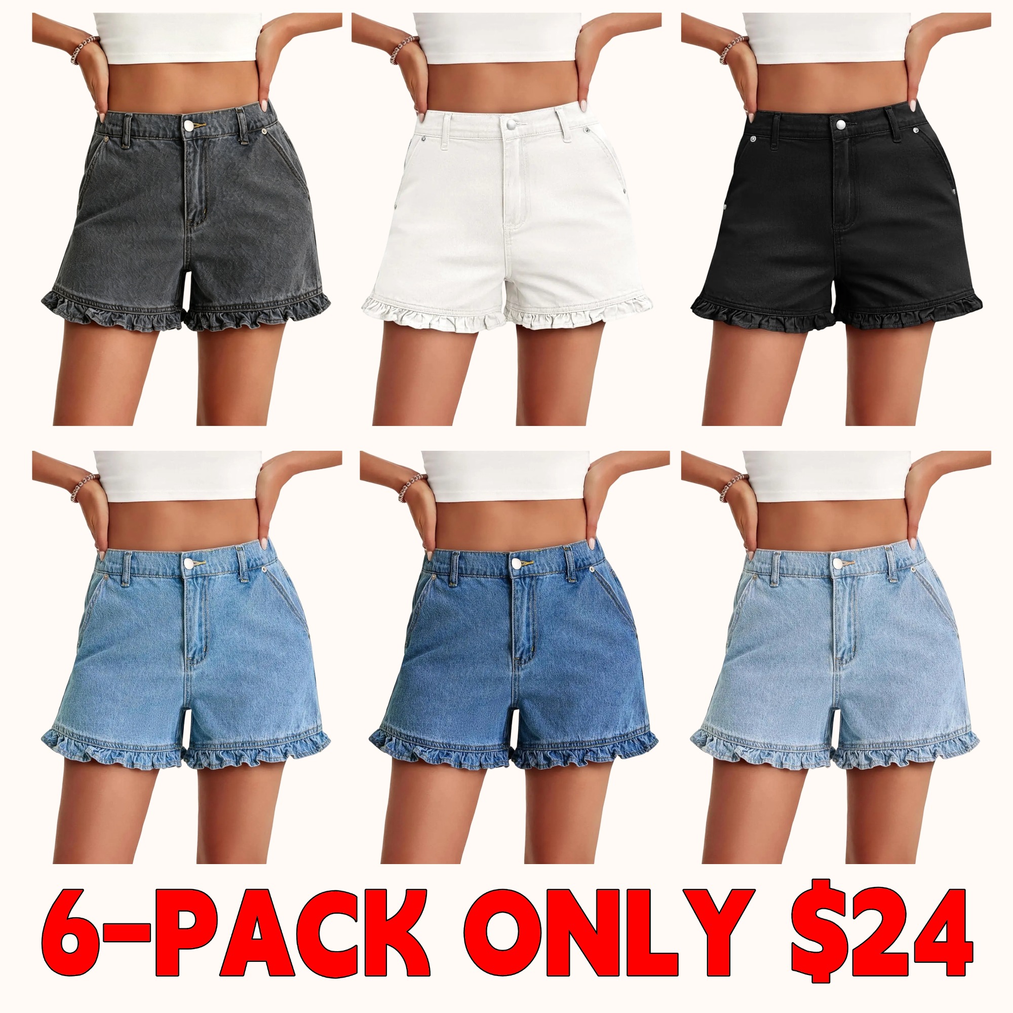 Women's Summer Ruffled Denim Shorts — Cute High-Waisted, Pure Cotton Denim Shorts with Pockets