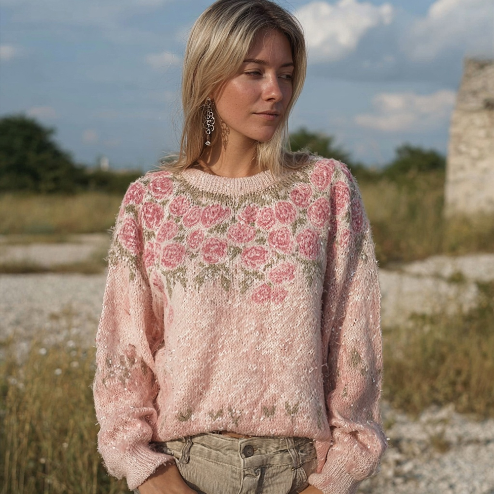 Vintage Boho Roses Pattern Round Neck Comfy Knit Sweater