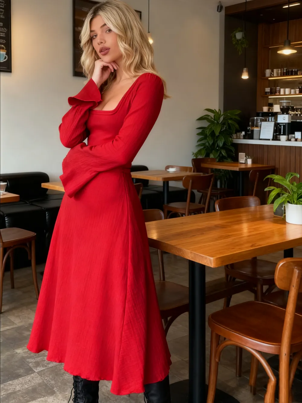 Women's Plain Lace Up Tie Back Flounce Sleeve Dress