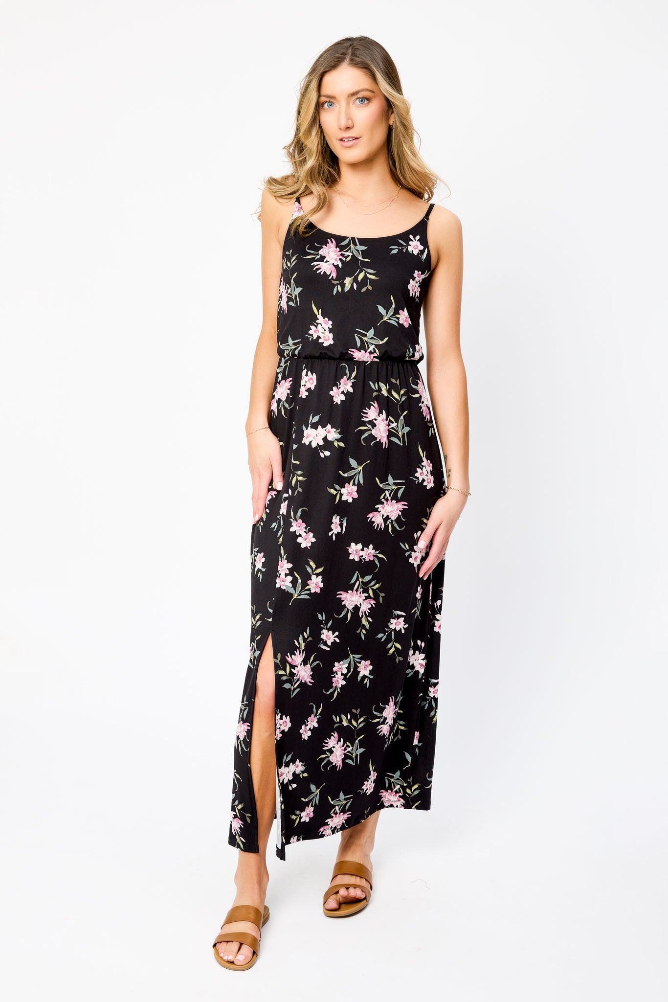 Floral Spaghetti Strap Scoop-Neck Maxi Dress with Side Slit