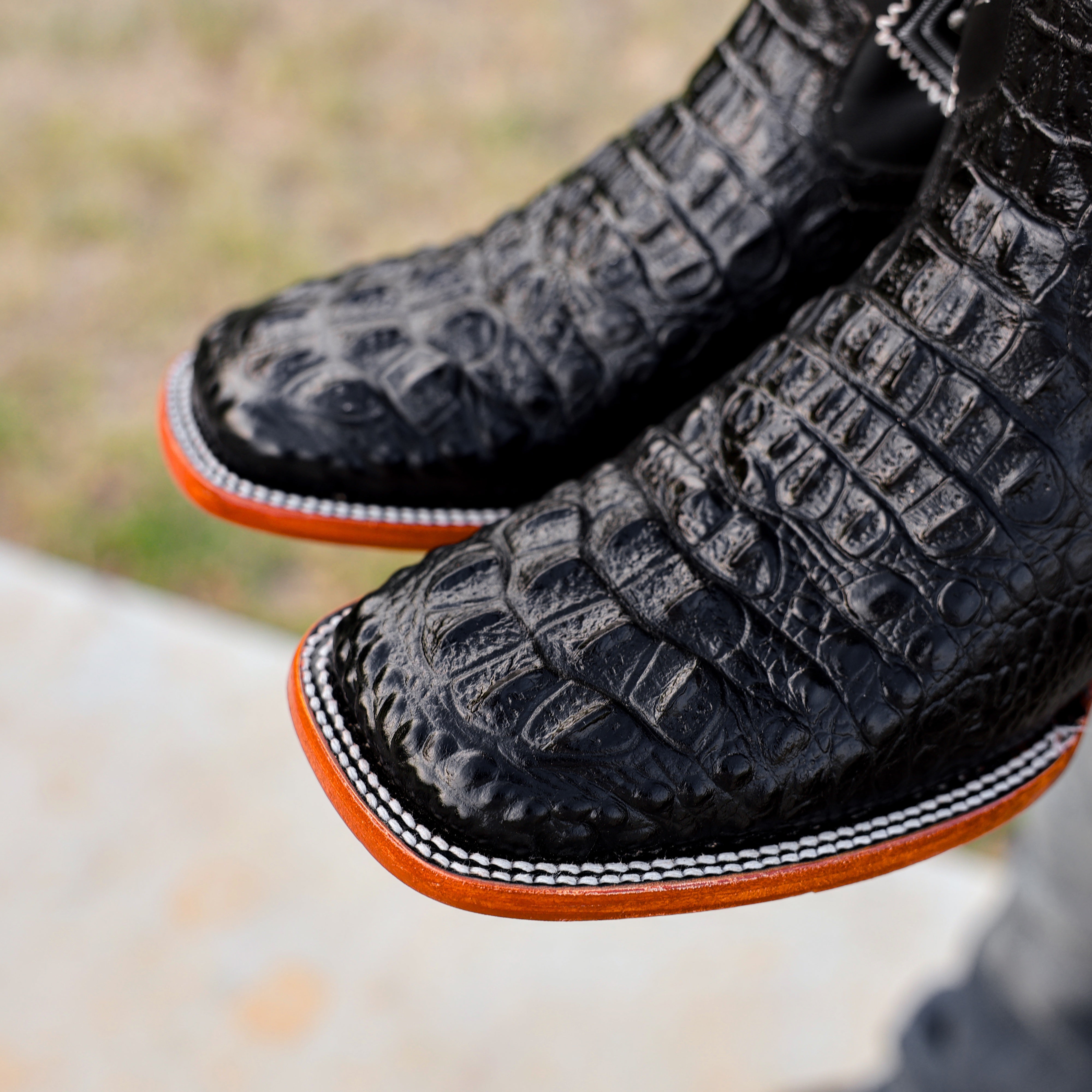 Black Caiman Neck Leather Boots - Square Toe