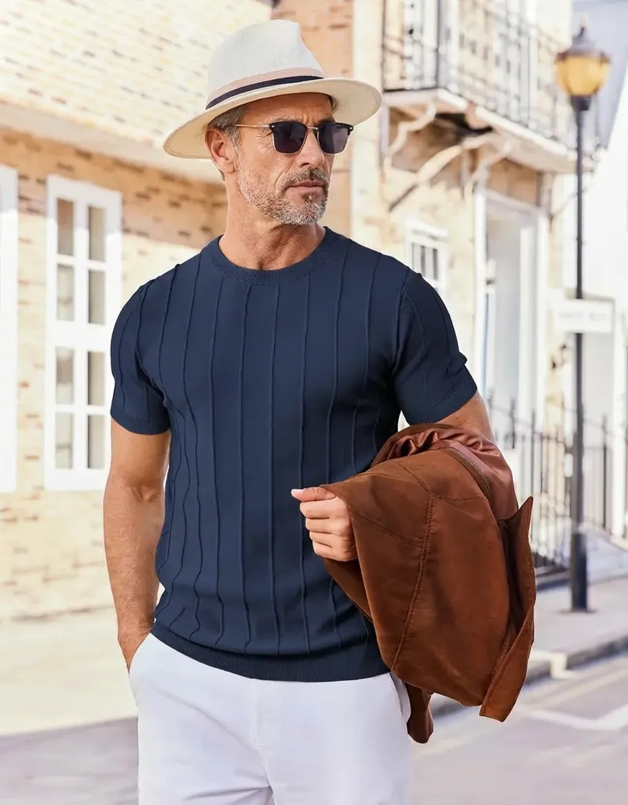 Last Day Promotion 🔥🔥 Crewneck Ribbed Pullover Men's T- Shirts Short Sleeve Knit Casual Tees