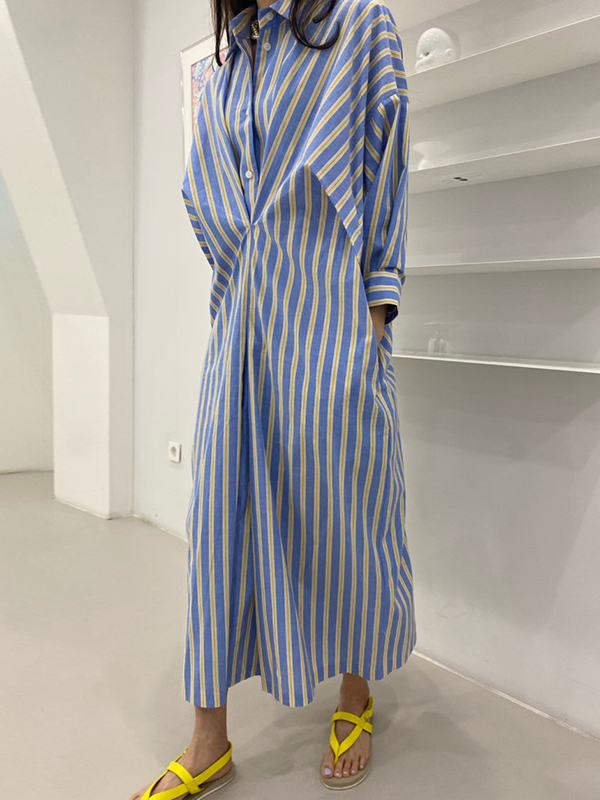 Buttoned Contrast Color Pockets Striped Long Sleeves Loose Lapel Shirt Dress Midi Dresses