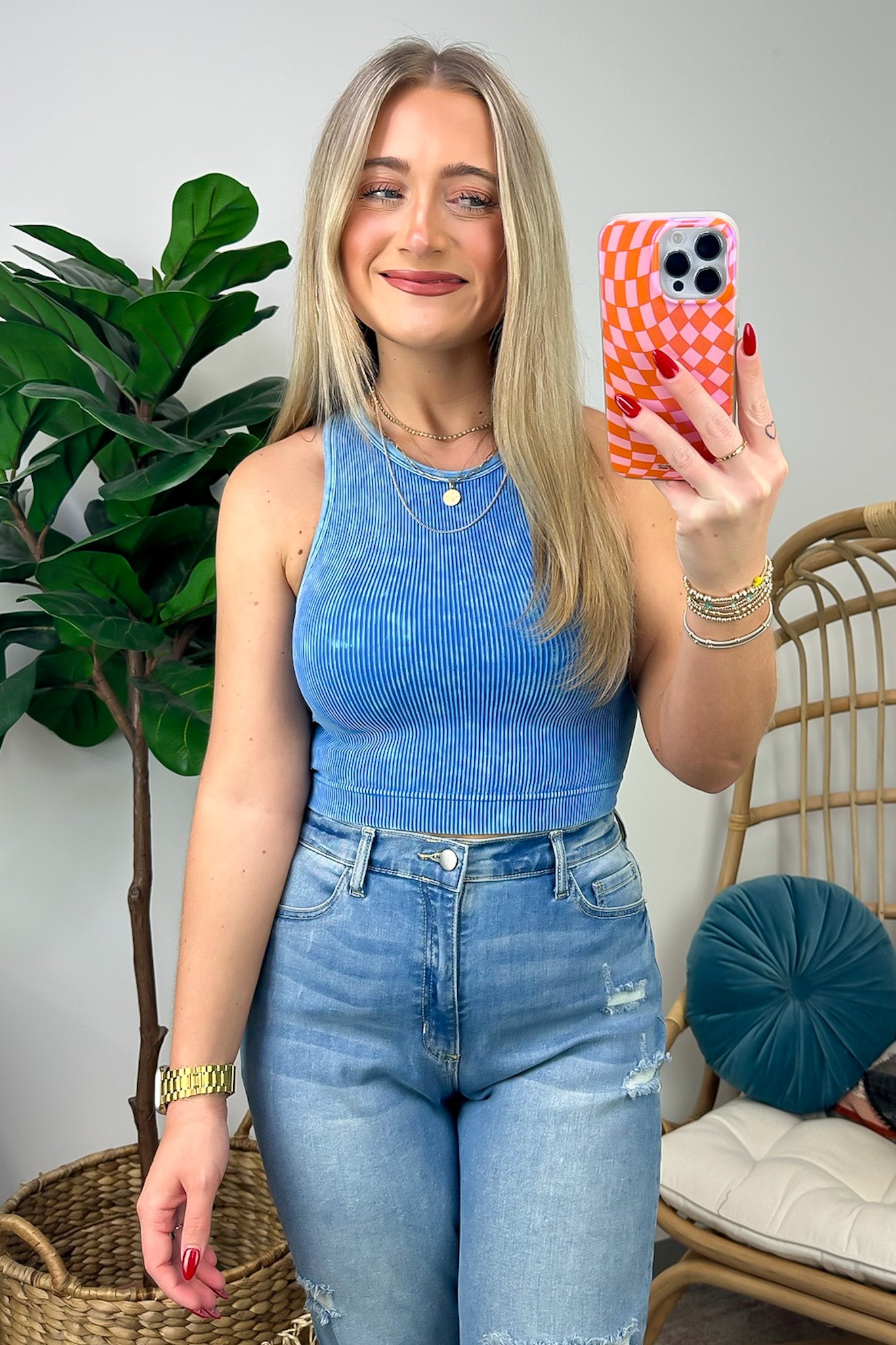 Washed Ribbed High Neck Cropped Tank Top