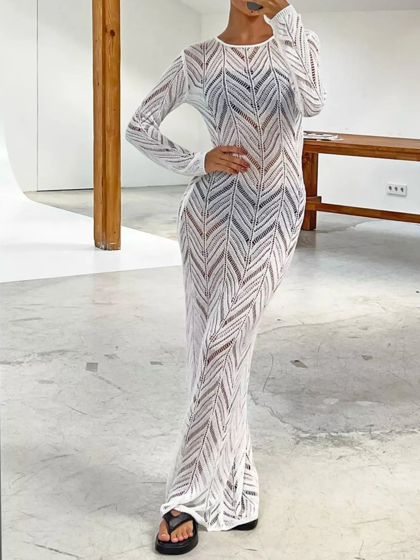 Openwork Long Sleeve Knit Cover Up Dress