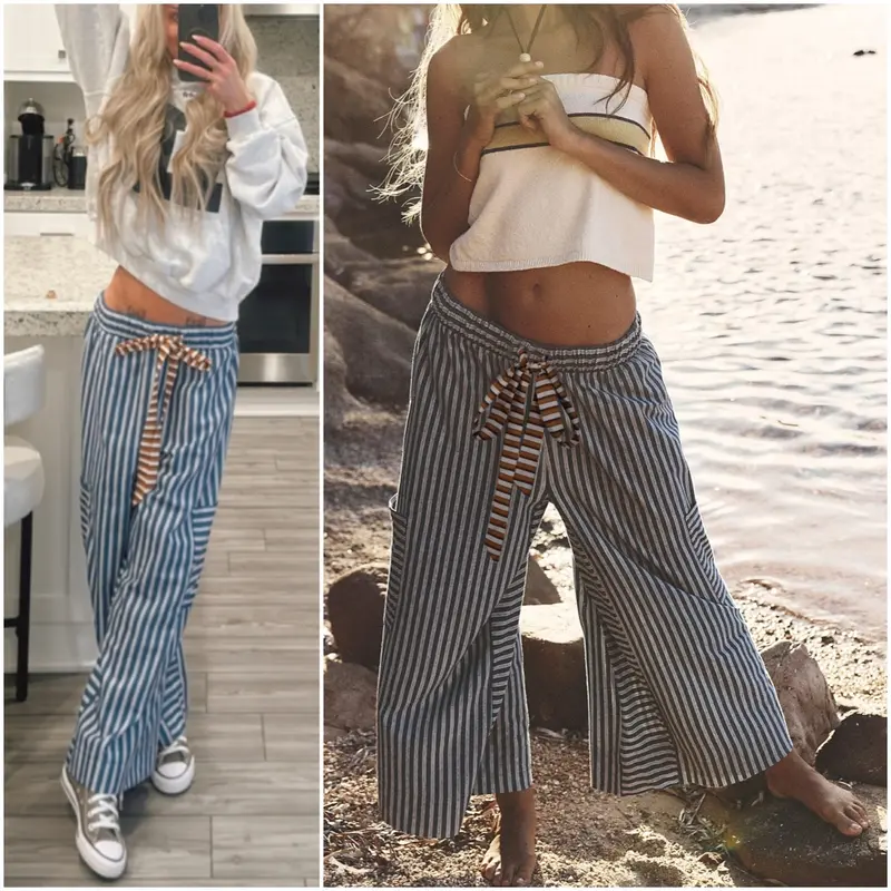 Women Drawstring Striped Pants Loose Wide Leg Lounge Pants Casual Palazzo Pants Trousers with Pockets Bottom Oversize