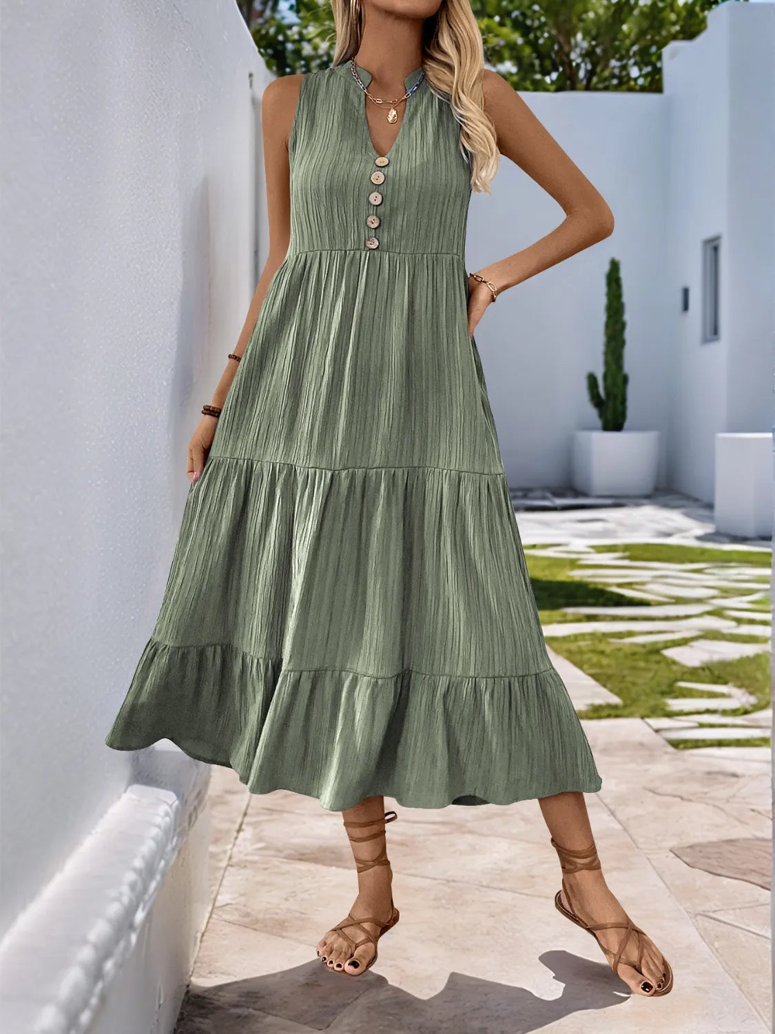 Notched Sleeveless Midi Tiered Dress