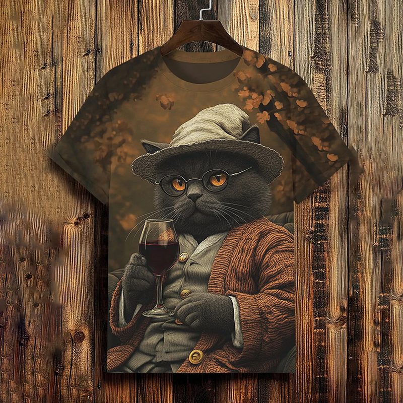 Men's Cat Drinking Red Wine Art Print T-shirt