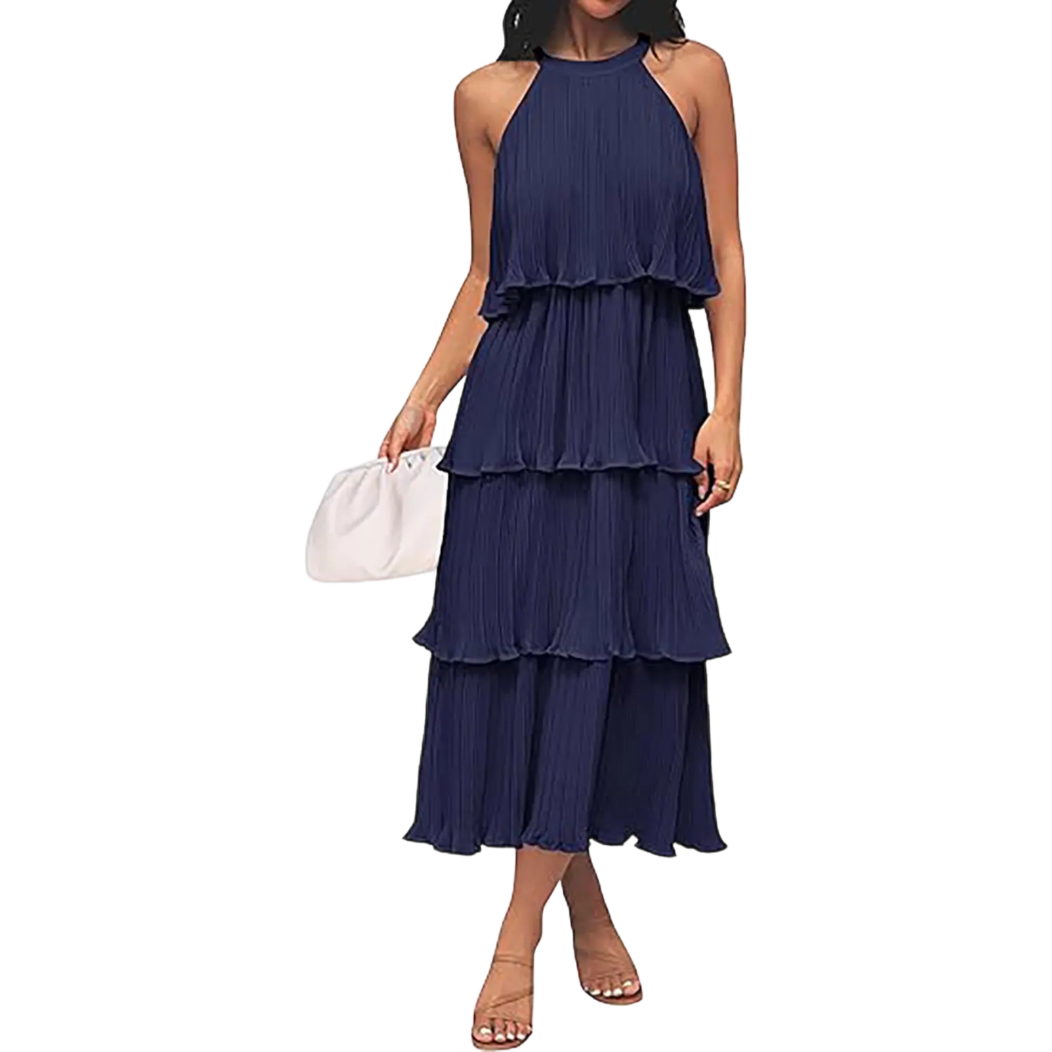 ✨Women's 2026 Summer Sleeveless Halter Neck Ruffle Tiered Layed Chiffon Flowy Swing Long Midi Dress