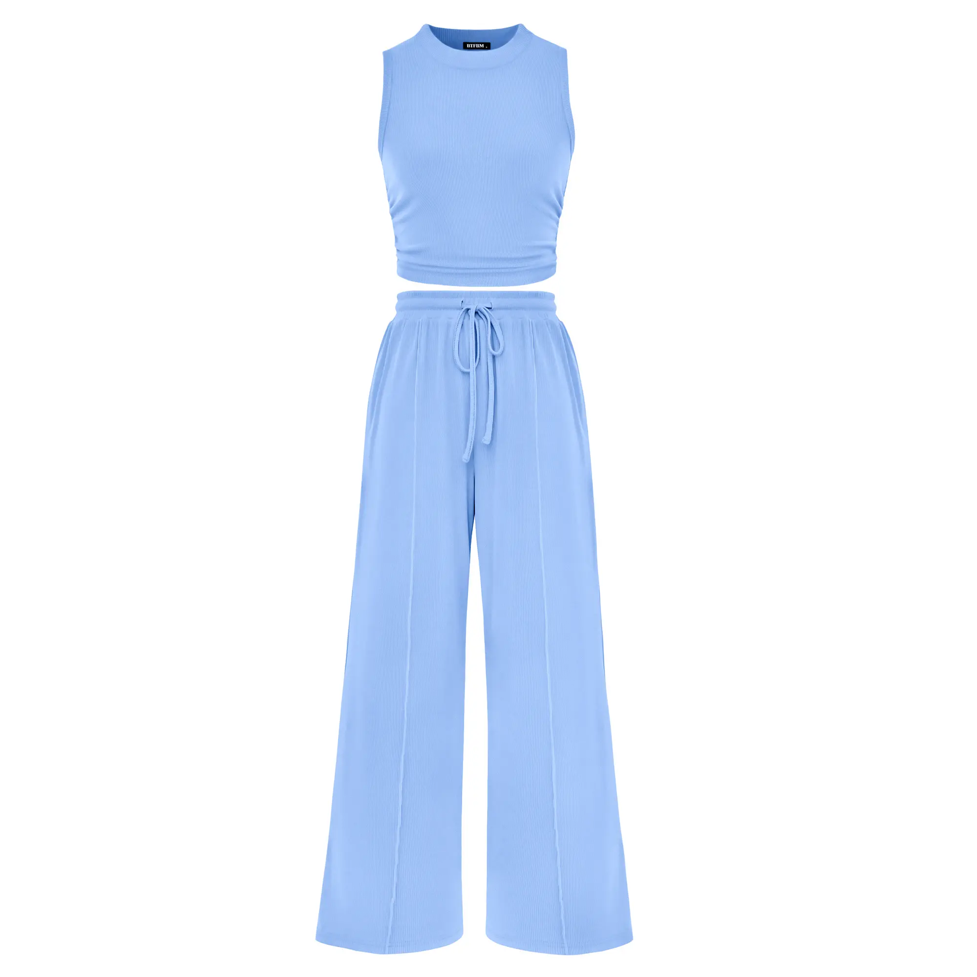 Women's Summer 2-Piece Outfits - Ribbed Knit Crew Neck Sleeveless Cropped Top & Wide Leg Pants Lounge Set