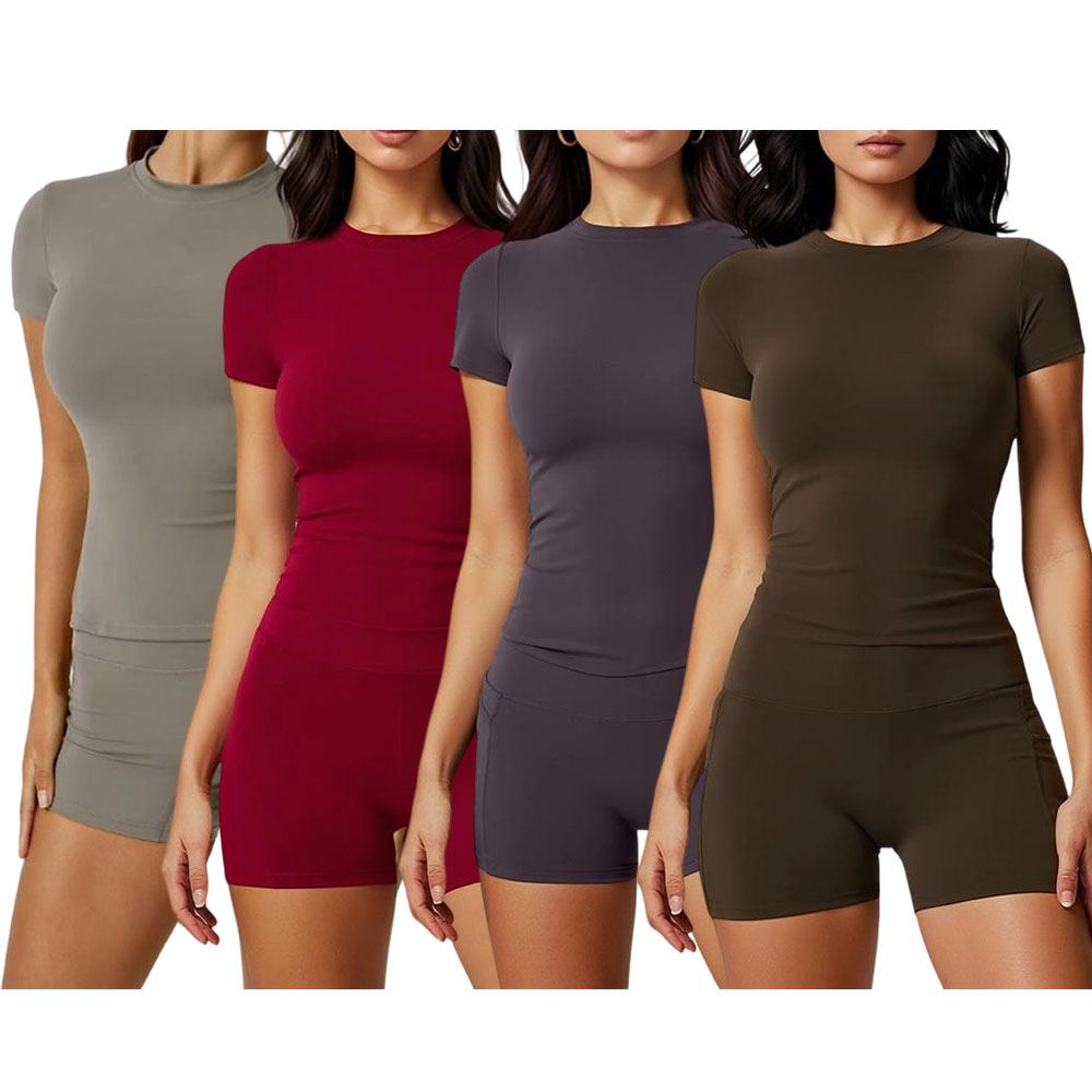 Women's two-piece set sports suit, round neck T-shirt and high waist shorts with pockets