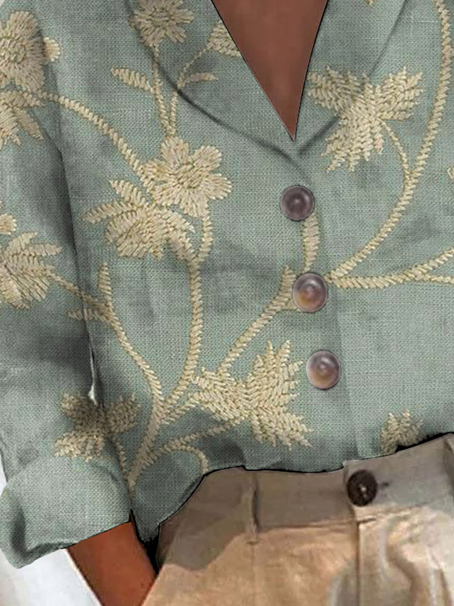 Women's Retro Floral Art Print Casual Cotton Casual Blouse