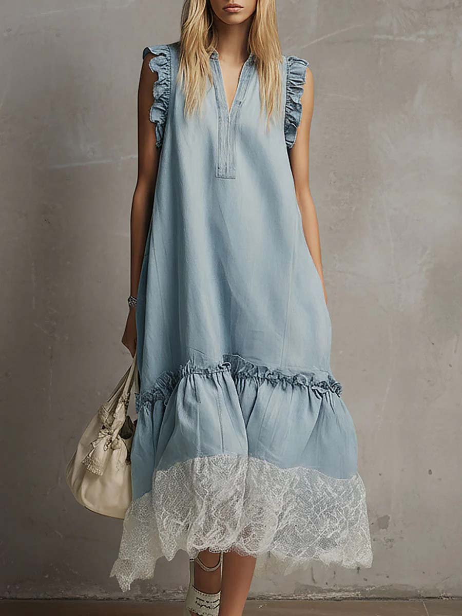 Women's V-neck Sleeveless Casual Loose Denim Patchwork Dress